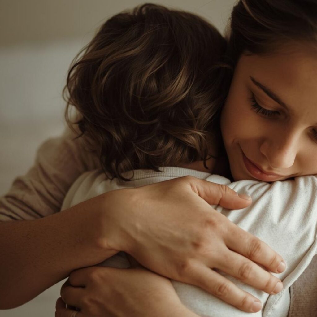 イヤイヤ期の子どもにハグをする母親