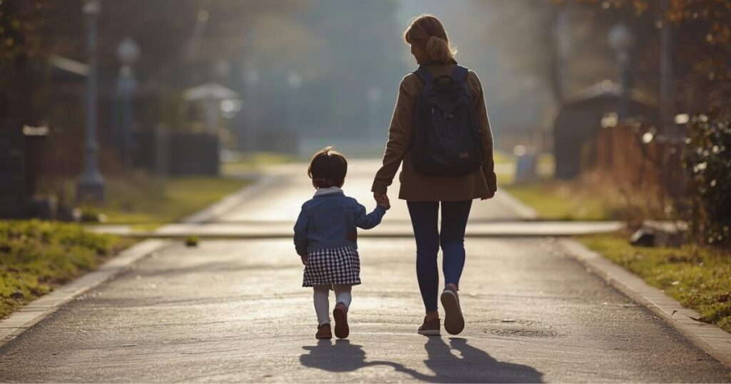 子どもと母親が手を繋いで歩いている